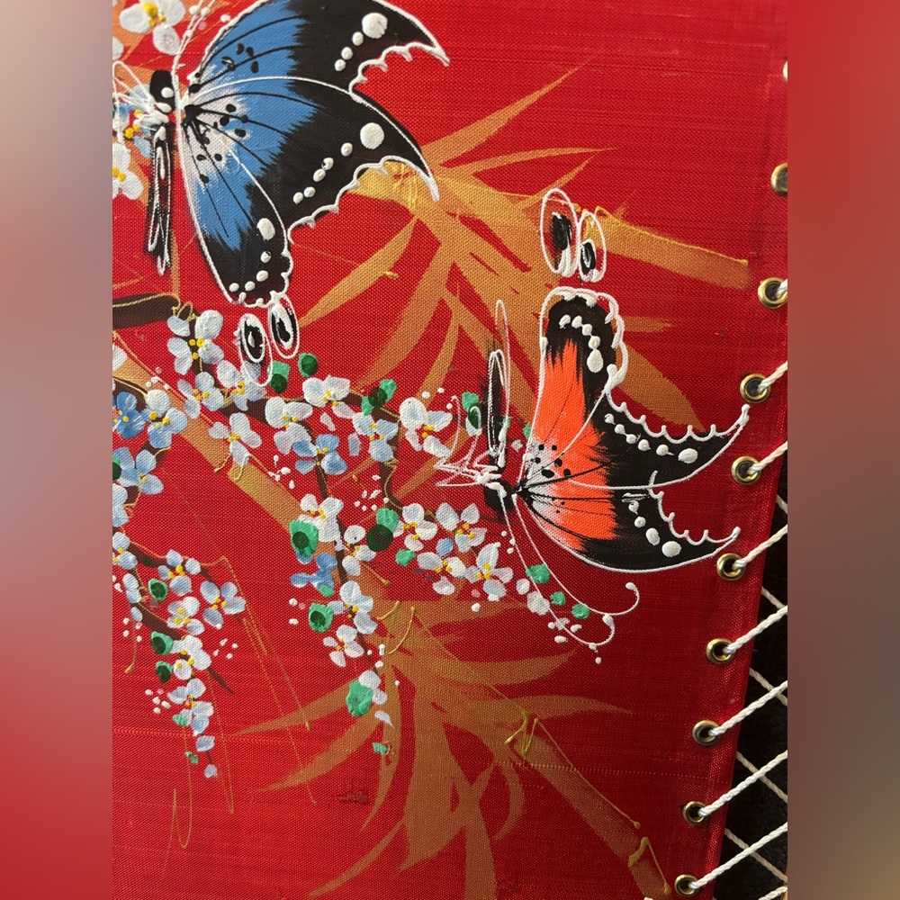 Vintage Hand-Painted Asian Silk Butterfly Artwork in Bamboo Laced Frame | 18x13 - Picture 5 of 16